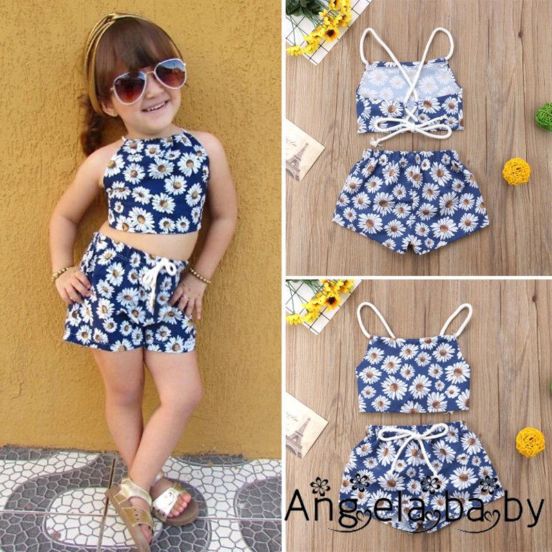 Set áo croptop cổ yếm hở lưng và quần short họa tiết hoa thời trang cho bé gái