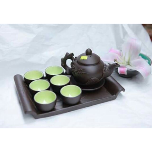 Bộ ấm trà bát tràng hoa đào kèm khay