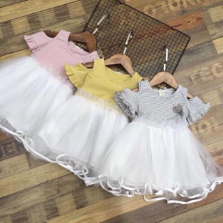 Đầm hở vai cotton phối ren sz 3-6t ri 5c một màu