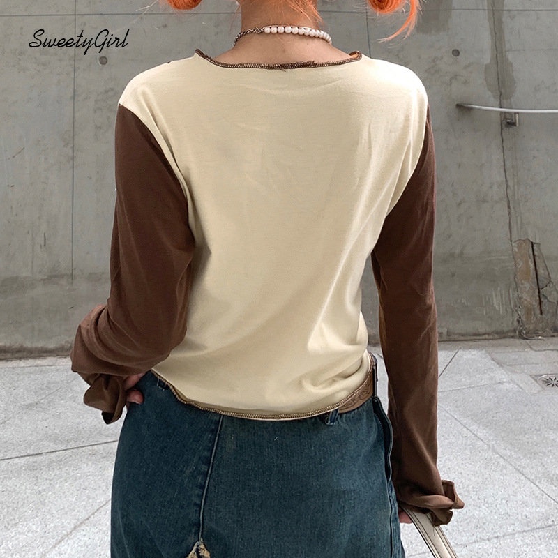 Áo Thun Tay Dài Cổ Tròn In Hình Ngôi Sao Phối Màu Tương Phản Thời Trang 2022 Cho Nữ