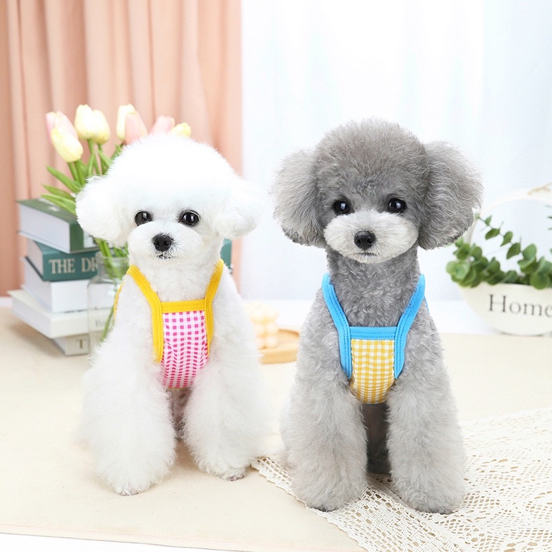 Quần áo thú cưng - Áo 2 dây caro trái tim và mặt cười cute cho chó mèo