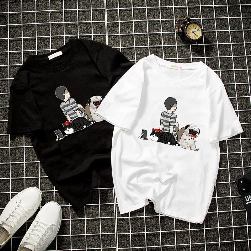 Áo thun unisex form rộng mèo hoàng thượng và bạn vải dày mịn 2019T2158