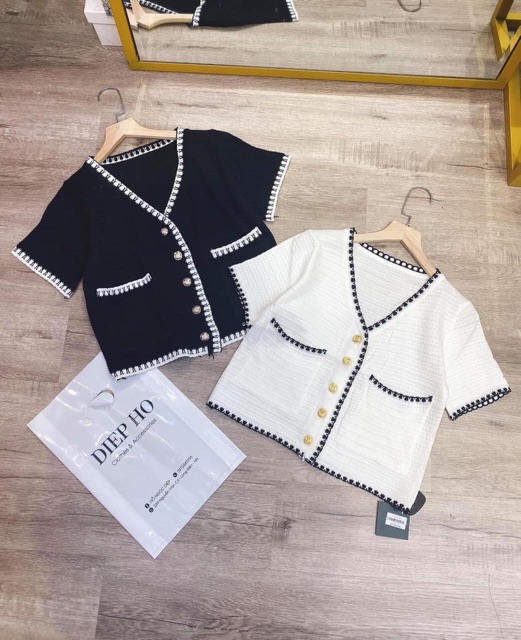 Áo cadigan dệt kim viền chỉ ngắn tay