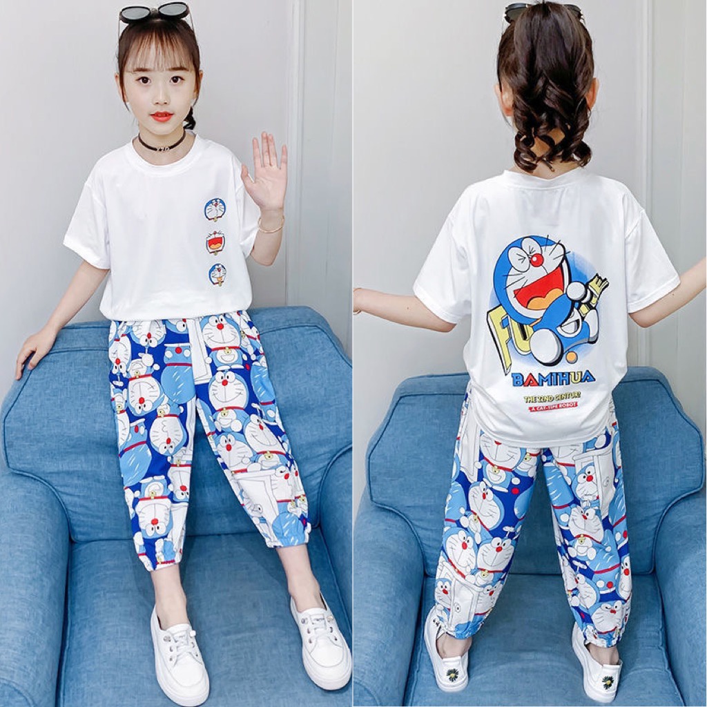 Set áo thun cộc tay & quần lụa dài hoạ tiết Doraemon cho bé trai & bé gái  N01099