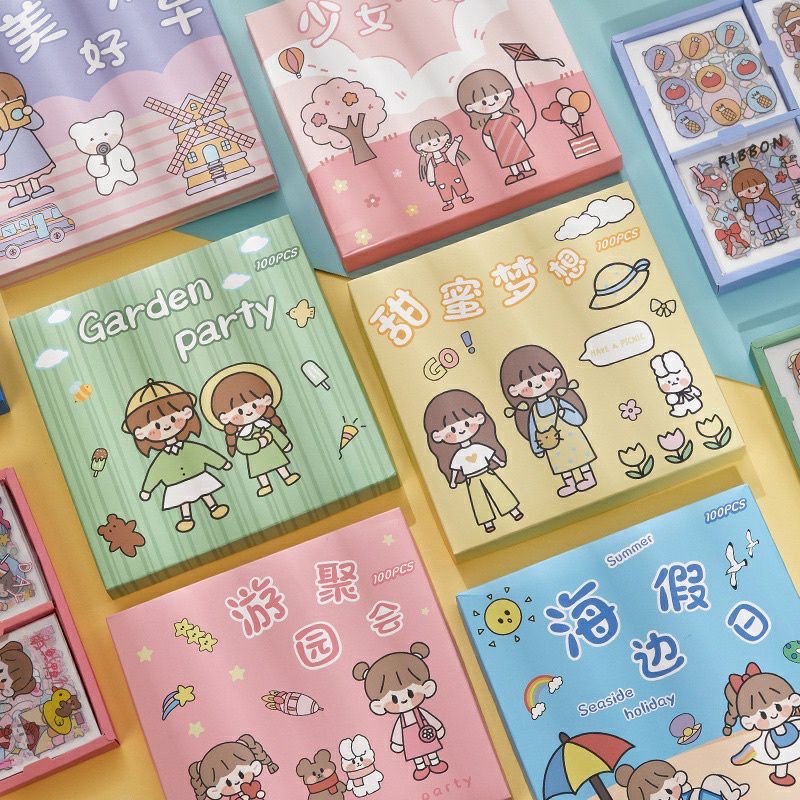 Hộp 100 hình dán sticker cute trang trí sổ tay nhật ký kệ sách đồ dùng học tập, Hộp sticker 100 tấm dễ thưo