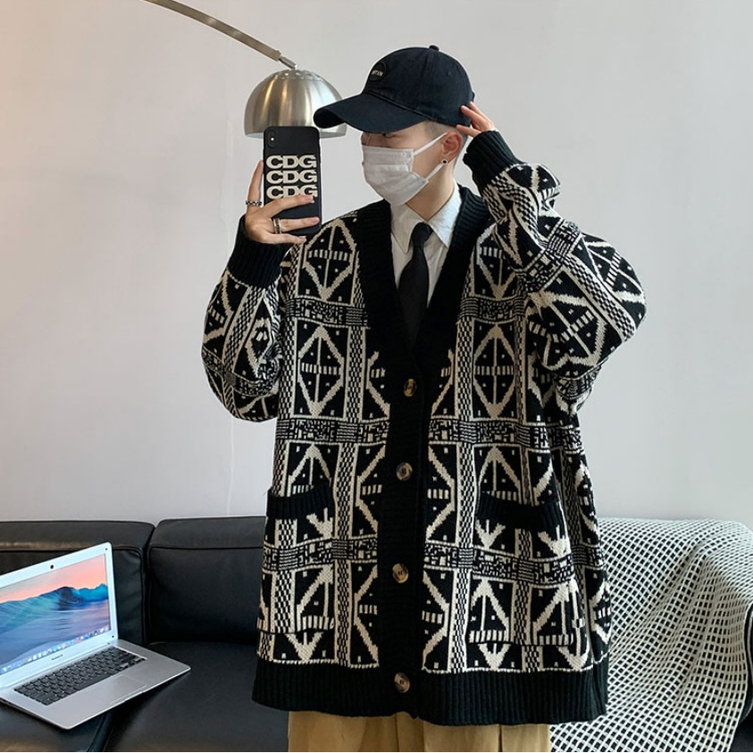 Áo khoác len cardigan sọc caro đen trắng dáng rộng cổ chữ v kiểu retro Hàn Quốc thanh lịch cho Hàn Quốc unisex nam