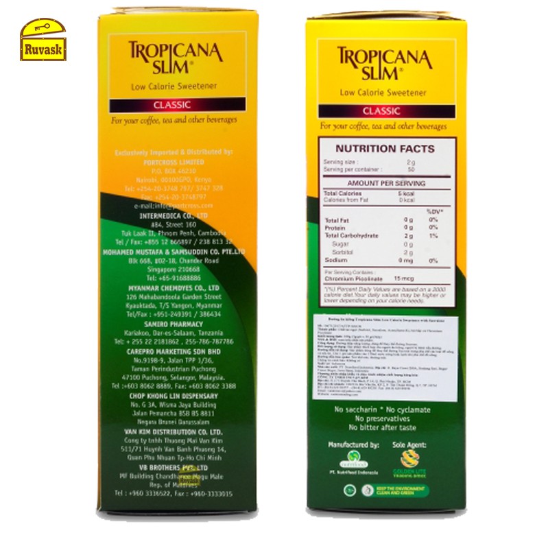 Đường Kiêng Tropicana Slim Classic Sucralose Indonesia 50 Gói 2g - Đường Bắp Ăn Kiêng Ít Calo Cho Người Bệnh Tiểu Đường