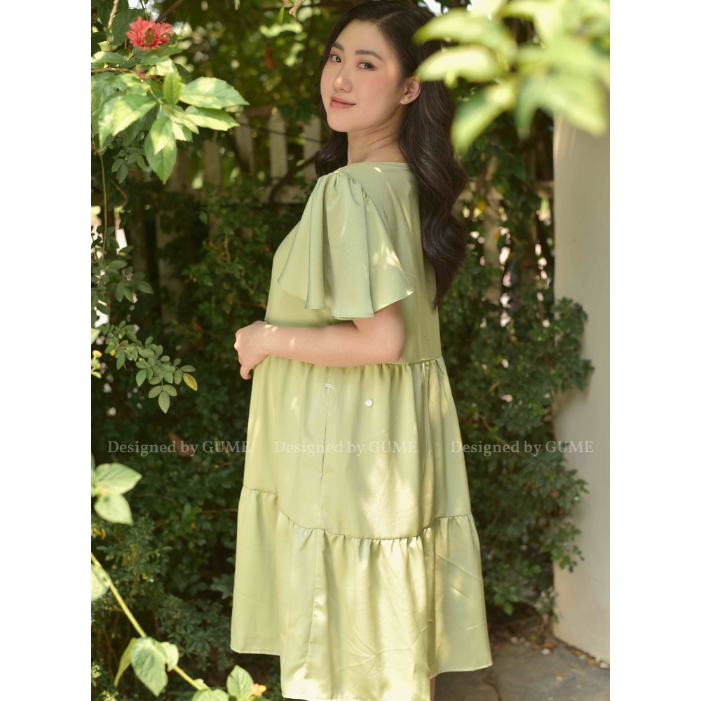 Váy Bầu Công Sở - Đầm Bầu GUME 2 màu xanh,xanh nõn chuối dáng 3 tầng tay chuông chất vải lụa ngọc trai GM 022