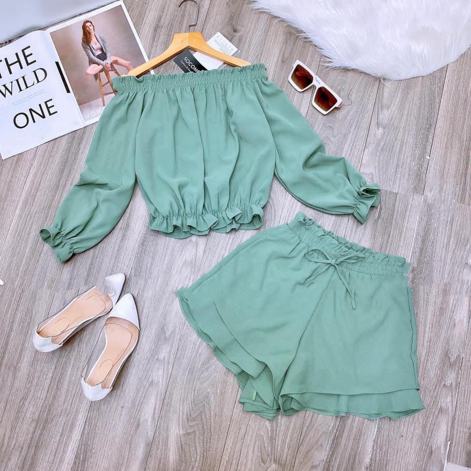 🌊Jumpsuit trơn trễ vai set rời, tay dài phồng nhún ngực, quần 2 lớp CHẤT LỤA CỰC ĐẸP🌊