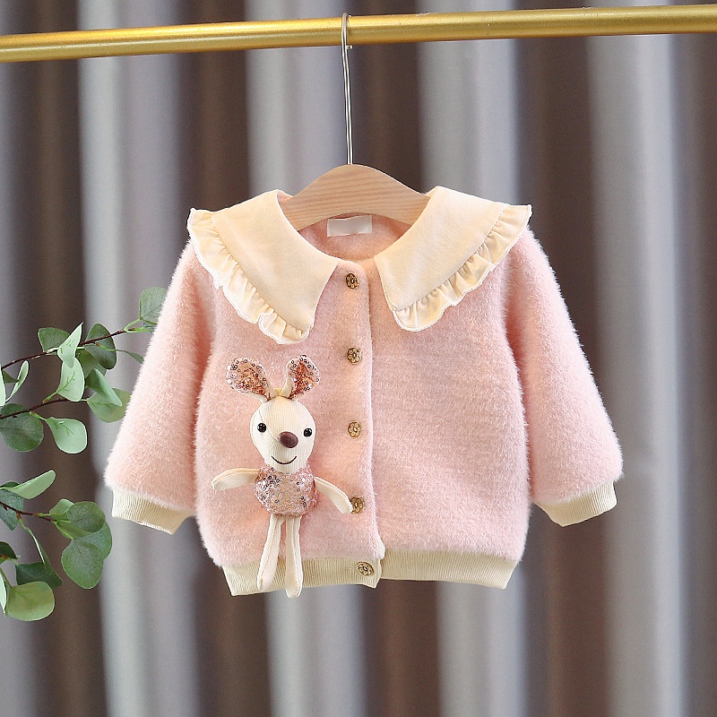 áo khoác len lông ấm áp bé gái cổ bèo viền xin tặng kèm chú thỏ bông xinh xắn size 7-17kg AK42