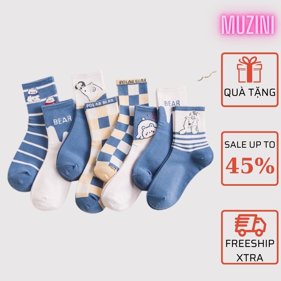Tất cổ cao Muzini vớ cao cổ in họa tiết gấu dễ thương TN138