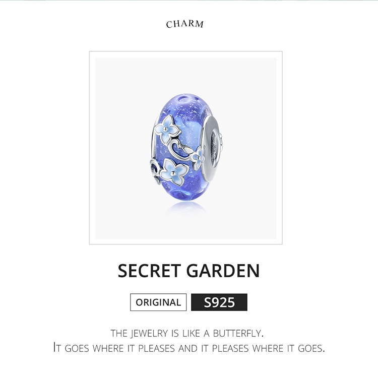 Hạt Cườm Bamoer BSC390 Bằng Bạc 925 / Thủy Tinh Màu Xanh Dương Họa Tiết Hoa Để Làm Vòng Tay Cho Nữ