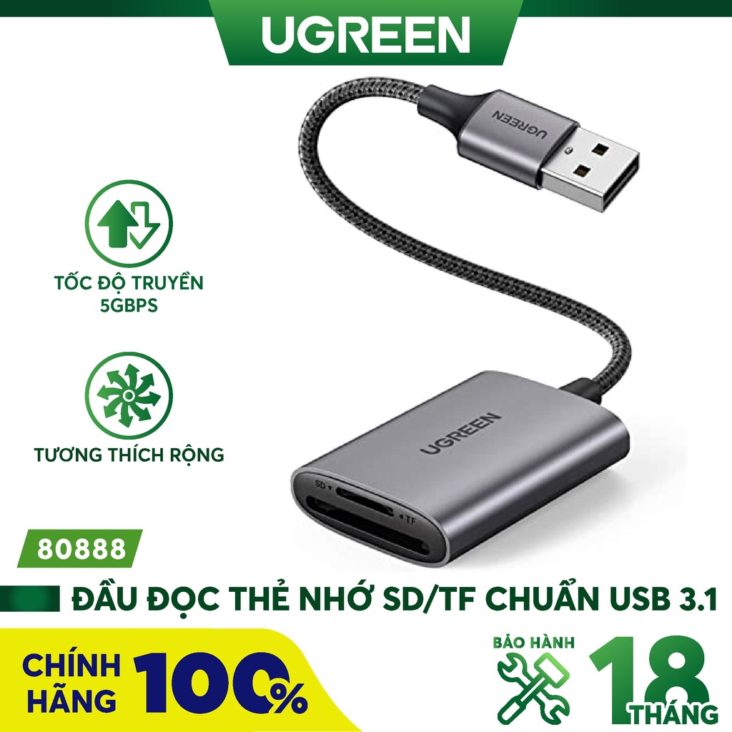 Đầu đọc thẻ SD/TF chuẩn USB 3.1 Type-C Ugreen 80888 vỏ nhôm cao cấp