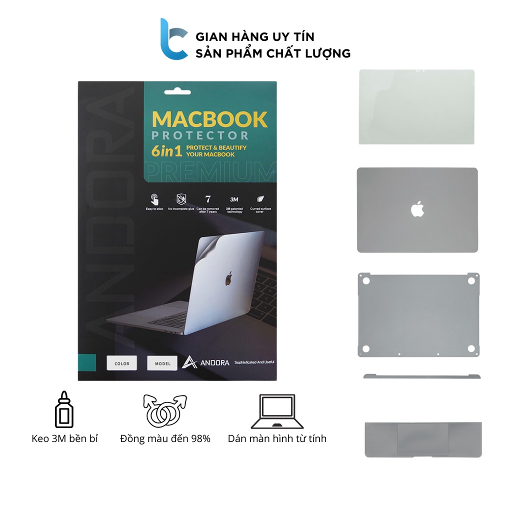 Bộ Dán Full Macbook 6in1 Andora Chất Liệu 3M Bền Bỉ, Dán Màn Hình Từ Tính An Toàn Cho Lớp Chống Loá