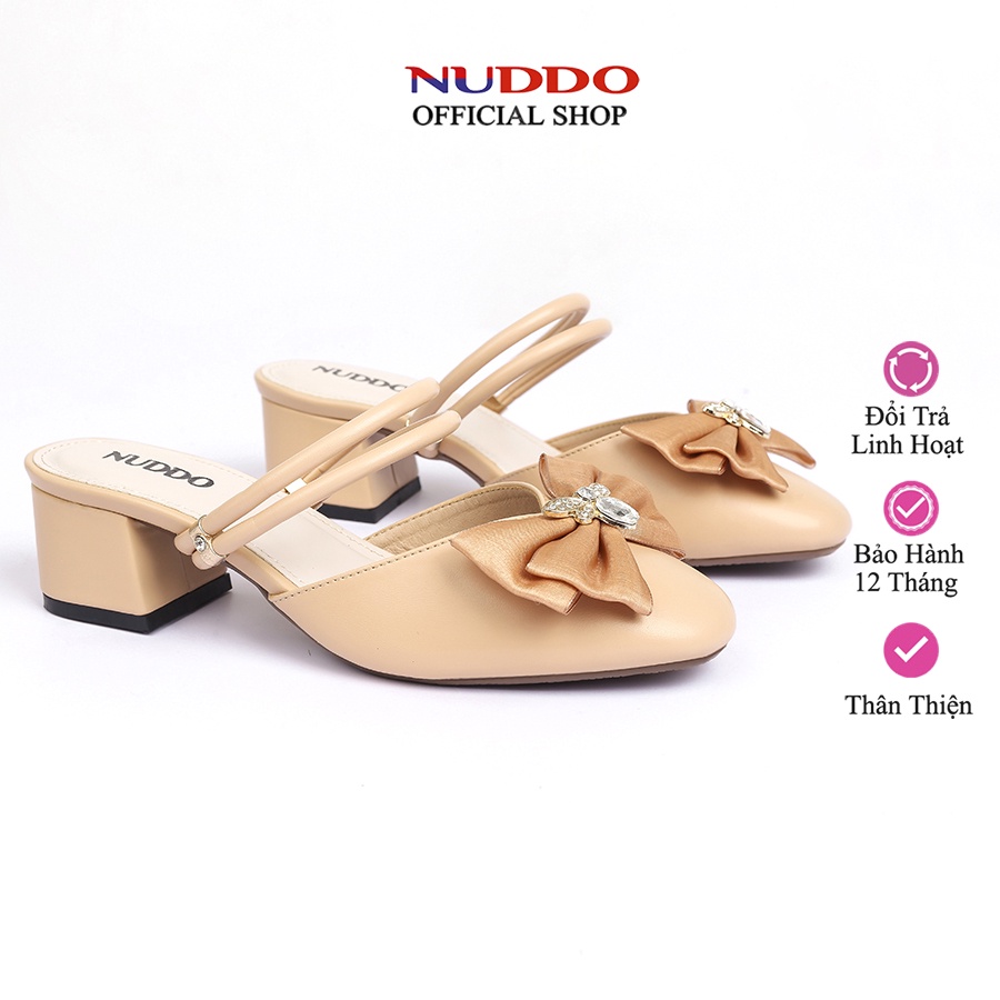 Giày búp bê nữ kín mũi thời trang Nuddo gót đế trụ vuông 3cm đĩnh nơ cao cấp
