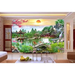 Tranh dán tường 3D phong cảnh sơn thủy đẹp vải lụa kim tuyến - kích thước theo yêu cầu
