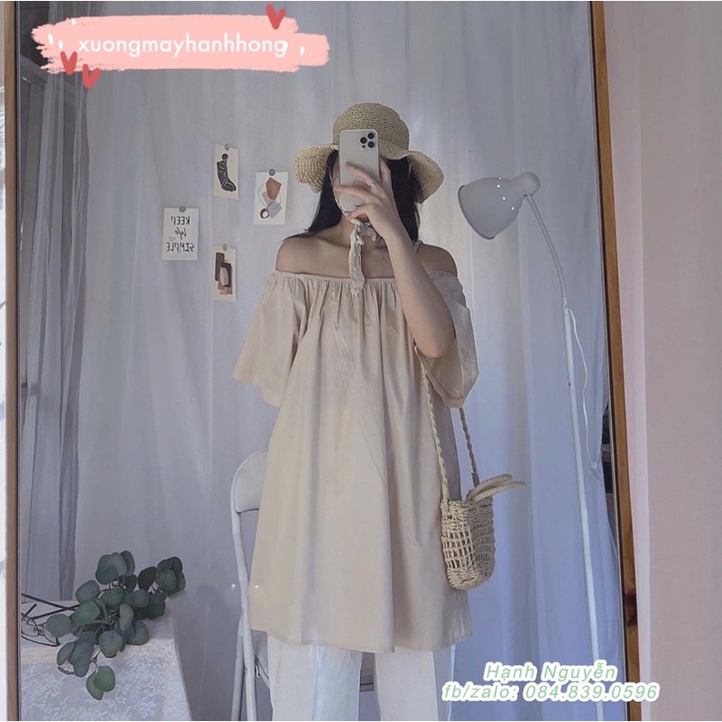 Váy babydoll trễ vai trơn, Áo váy trễ vai mặc 2 kiểu Hàn Quốc