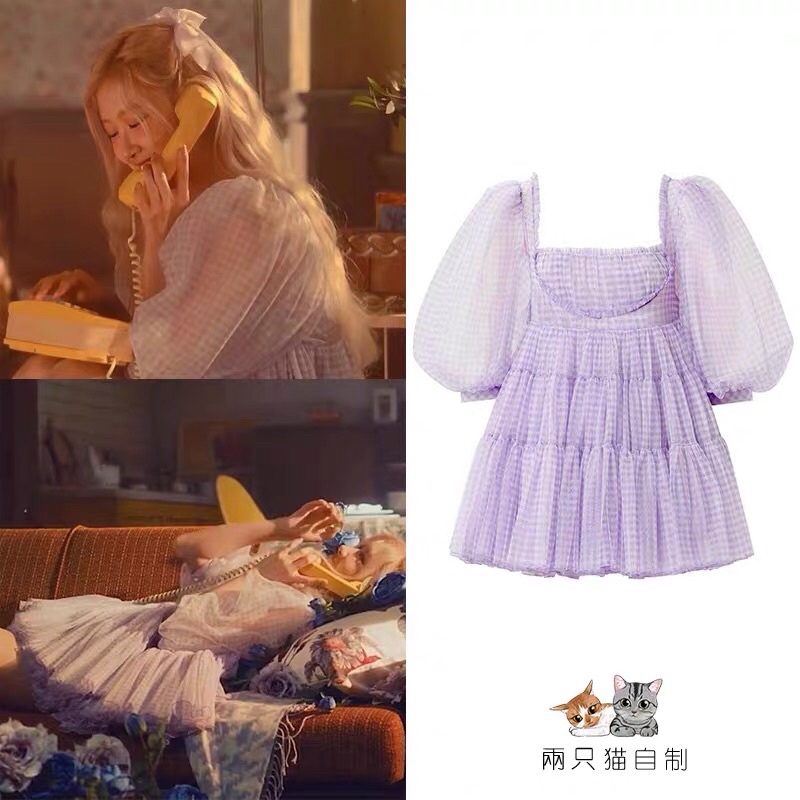 Váy babydoll kẻ voan phồng tay giống Rosé Blackpink