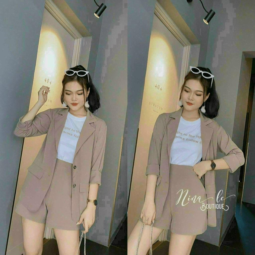 SALE SIÊU HỜI CHO CHỊ EM SÉT 3 MÓN ÁO BLASER PHỐI ÁO THUN COTTON VÀ QUẦN SHORT CÙNG MÀU MẶC CÔNG SỞ CỰC TINH TẾ UP