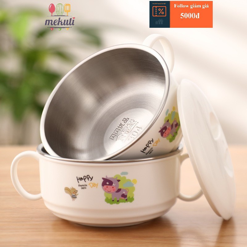 Bát ăn dặm inox 2 lớp cách nhiệt có tay cầm nắp đậy cho bé