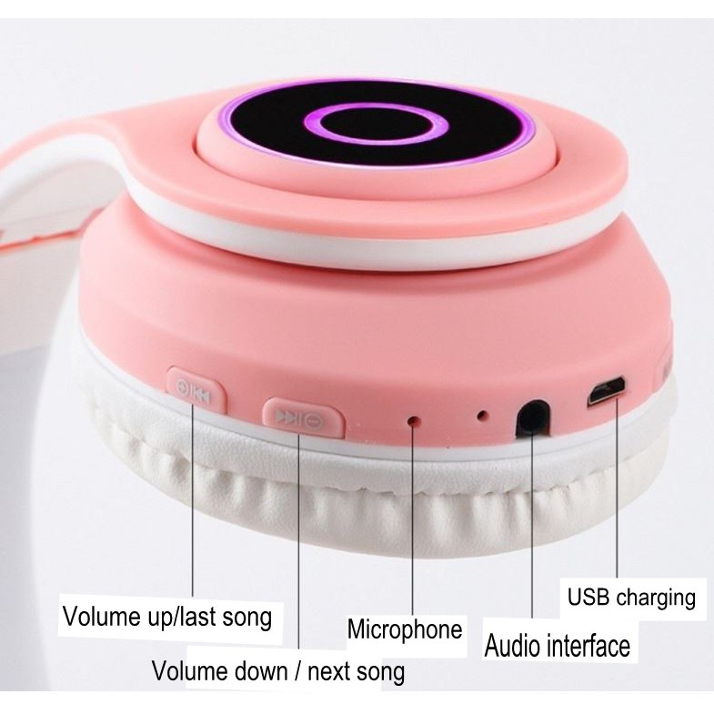 Tai Nghe Bluetooth 5.0 Không Dây Chống Ồn Hình Tai Mèo Có Đèn LED Và Mic Đầu Cắm 3.5mm