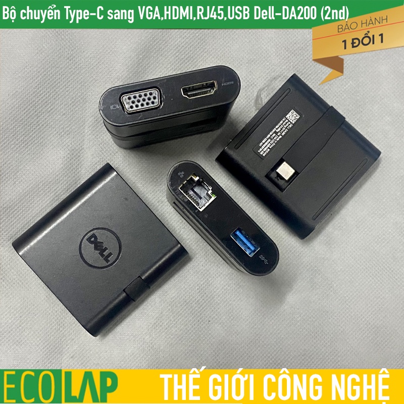 Bộ chuyển đổi tín hiệu Type-C sang VGA,HDMI,RJ45,USB Dell-DA200 đã qua sử dụng, dùng được cho các máy tính hãng khác