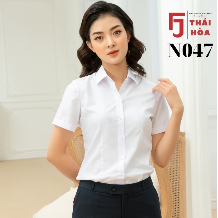 Áo sơ mi nữ tay ngắn bigsize trắng đẹp kiểu công sở cotton Thái Hoà N047-01-01 ...