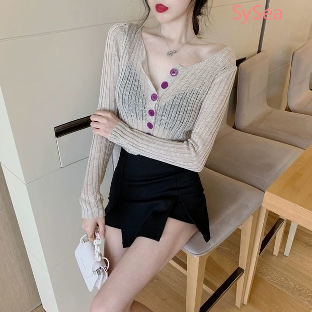 Áo Croptop Dệt Kim Tay Dài Thời Trang Mùa Hè Cho Nữ