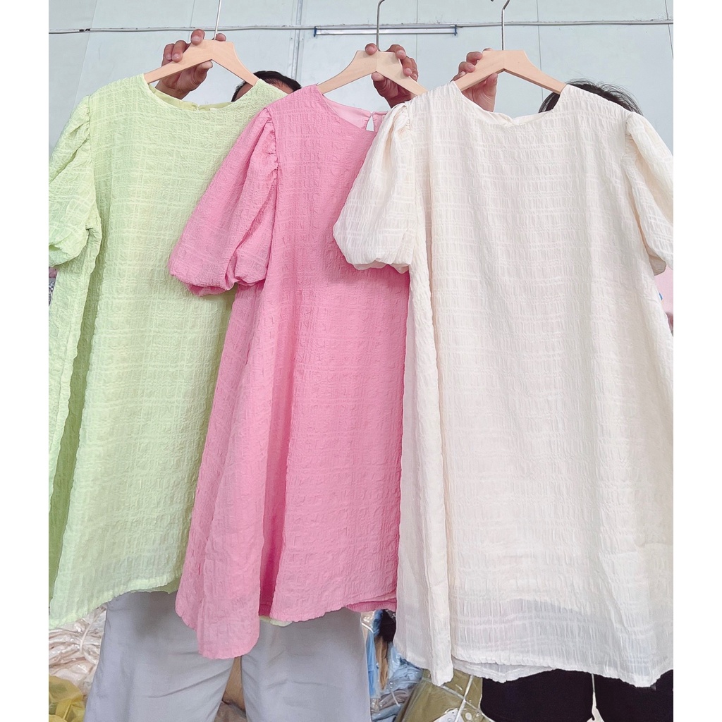 Váy babydoll cổ tròn 2 lớp chất xốp tay bồng
