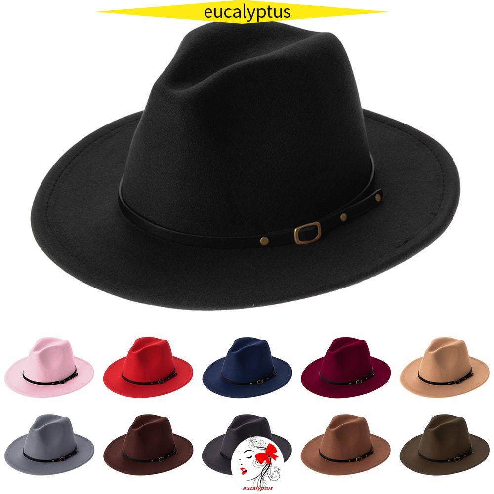 Mũ phớt vải nỉ vành rộng đính khóa thắt lưng kiểu cao bồi vintage thời trang thu đông cho nam nữ