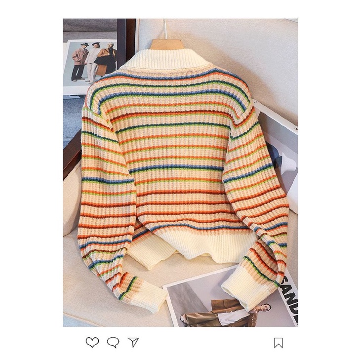 Áo Thun Nữ Dài Tay Cổ Bẻ Sọc Ngang Thời Trang Hàn Mới