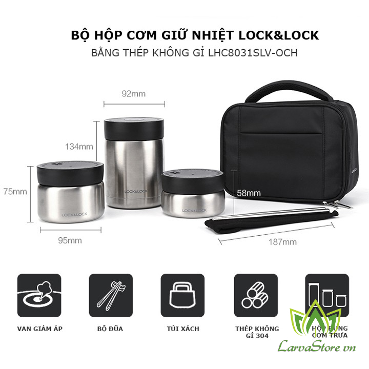 Bộ Hộp Cơm giữ nhiệt Inox 304 Lock&amp;Lock LHC8031 SLV
