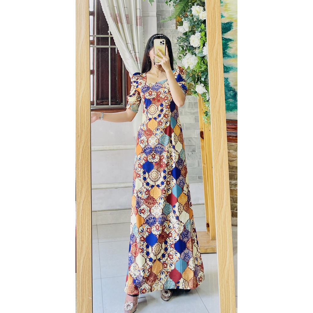 Áo dài cô ba sài gòn tay phồng họa tiết gạch bông retro vintage