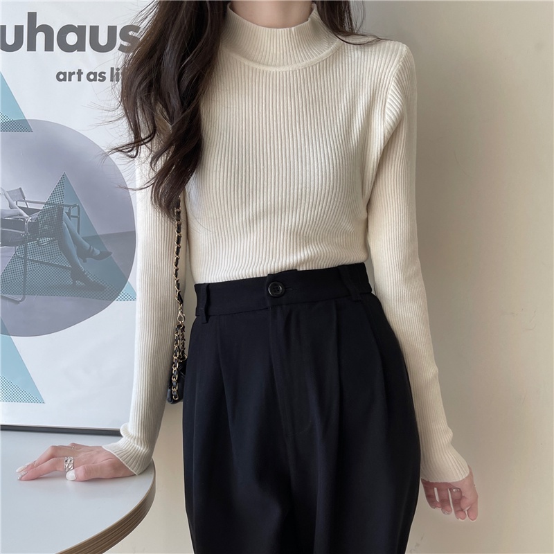 Áo thun tay dài cổ lọ màu sắc đơn giản cho nữ