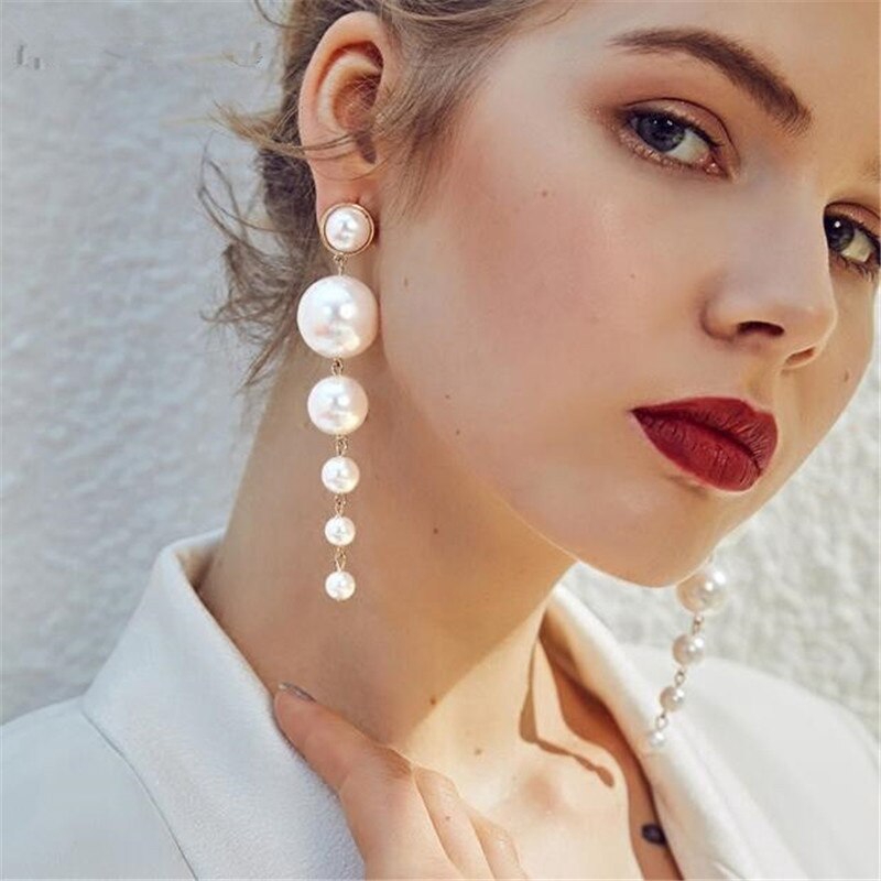 Big Simulated pearl earrings for women statement long drop earrings korean fashion jewelry