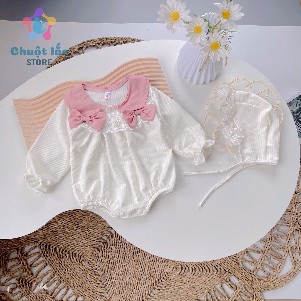 Bộ Đồ Body Bé Gái Dài Tay Chuột Lắc Store Kiểu Cổ Sen Viền Ren Chất Cotton Len Mềm Mại 3kg Đến 12kg Màu Hồng Trắng