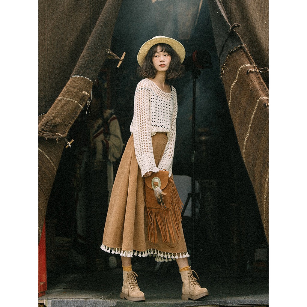 CHÂN VÁY VINTAGE BOHO MÀU NÂU TÂY CHẤT NHUNG
