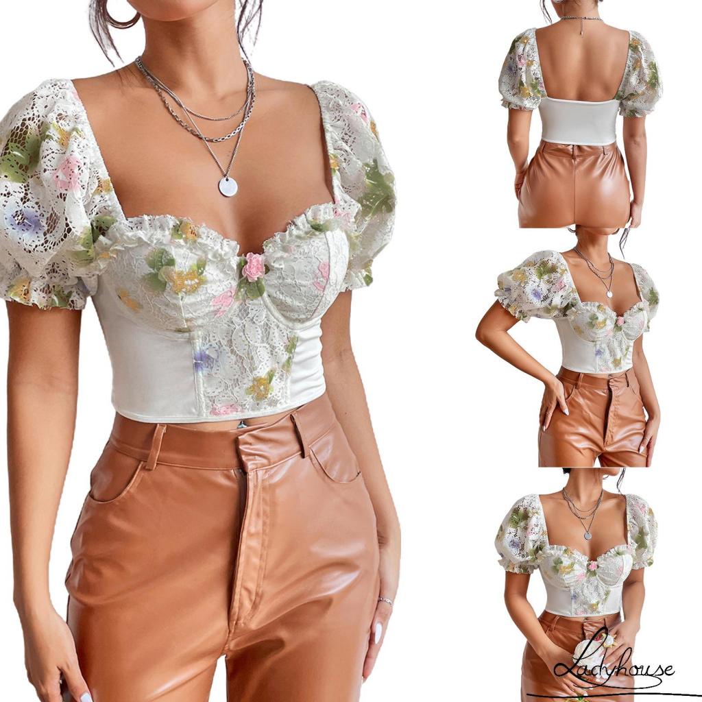 Áo Croptop Tay Phồng Ngắn In Họa Tiết Hoa Phong Cách Đường Phố Thời Trang Xuân Thu Cho Nữ