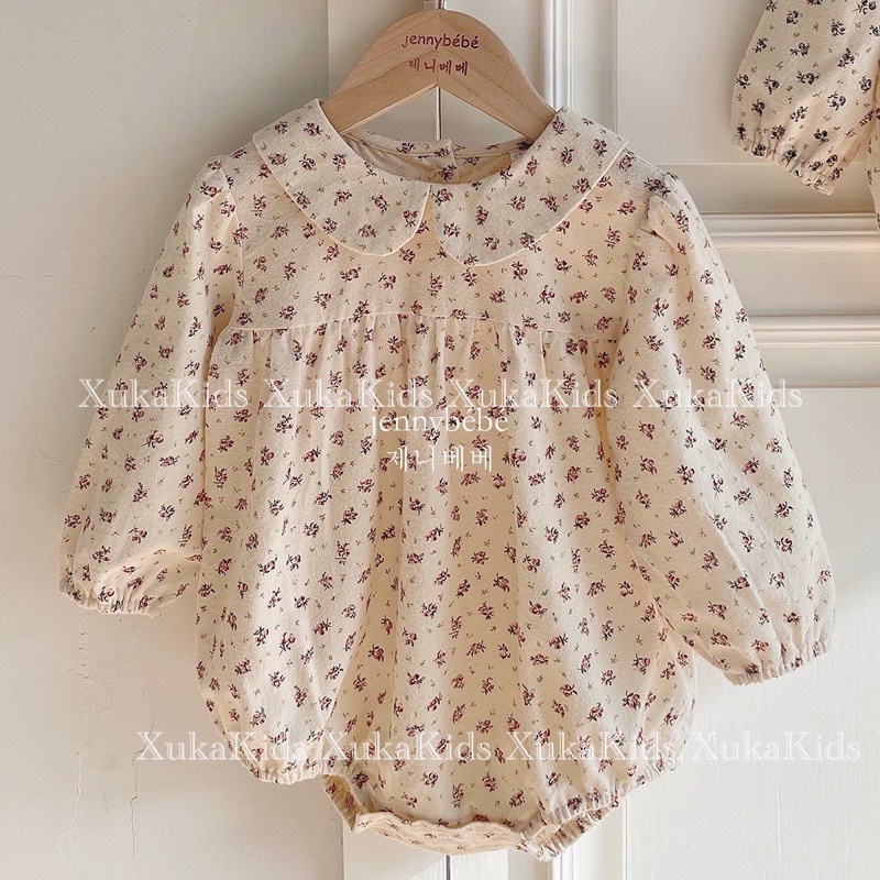 Bodysuit Dài Tay Cổ Sen Kèm Mũ Hoa Nhí [Jennybebe] Bodysuit Hoa Nhí Cho Bé [Ảnh Thật]