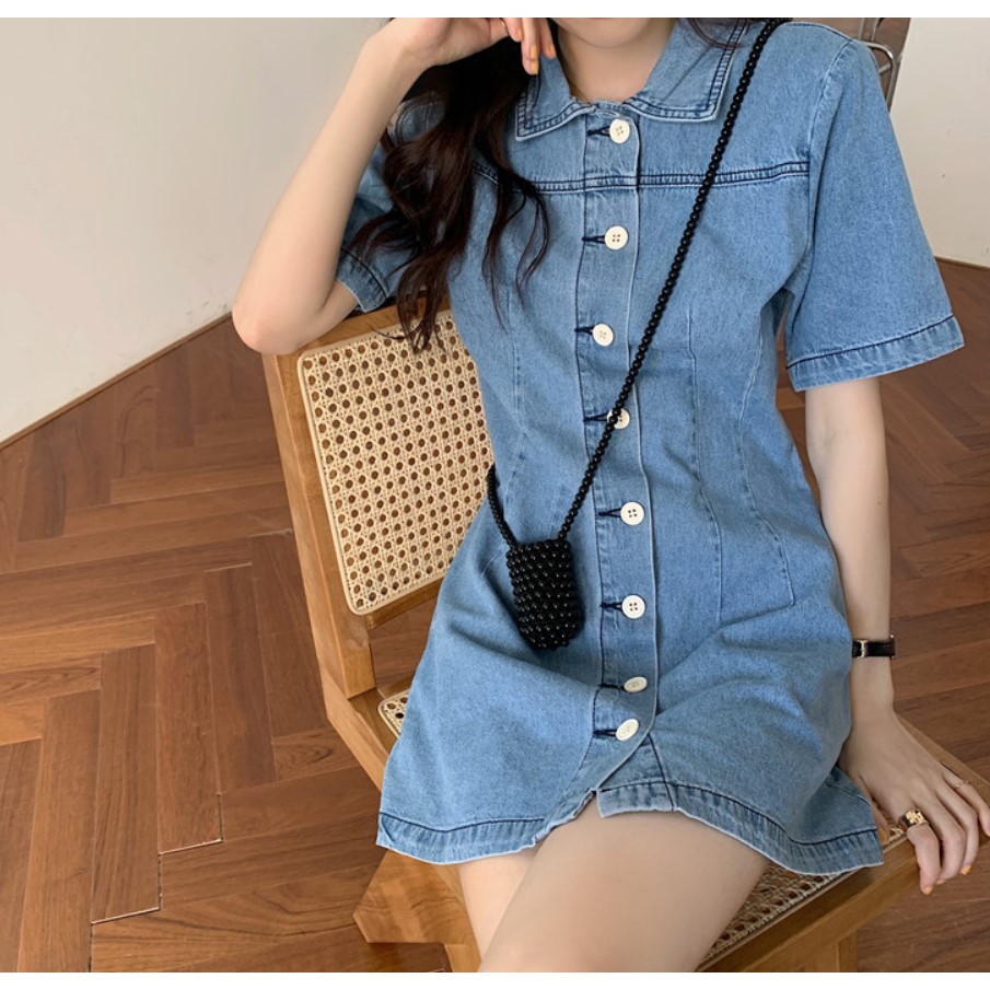 [Mã FASHIONS2 giảm20% tối đa 10k] Đầm denim cổ polo xinh xắn hack dáng siêu đỉnh, Váy bò hàn siêu xinh