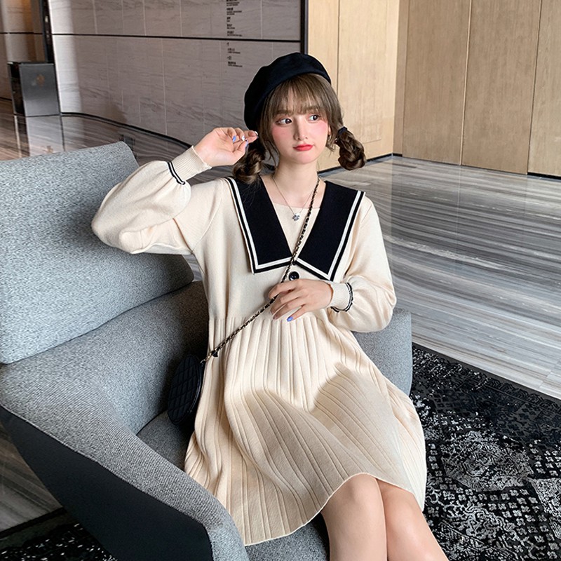 Váy len nữ chất mềm cổ áo búp bê mùa thu đông / Váy Ulzzang