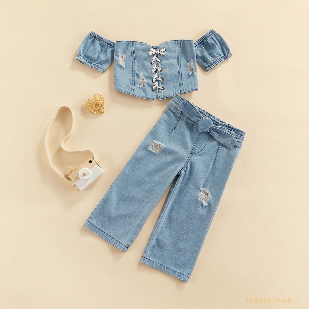 Bộ 2 món áo croptop trễ vai tay ngắn + quần jeans rách cá tính cho bé