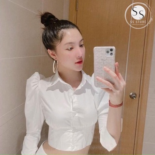 Áo sơ mi croptop vai phồng tay dài classic