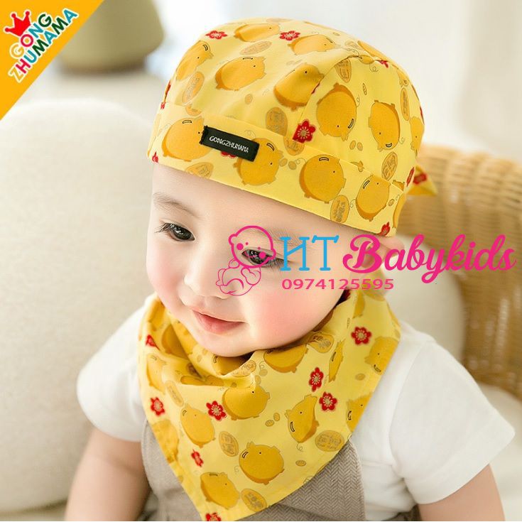 [ MẪU HOT ] – Nón bé trai họa tiết heo vàng kèm khăn