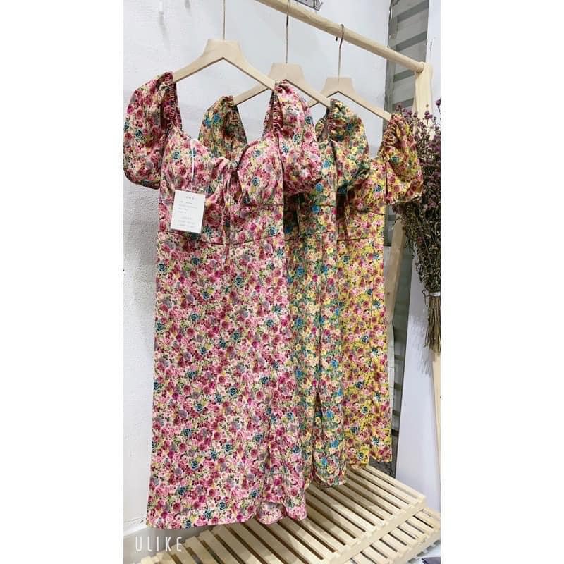 Váy Hoa Nhí Dáng Dài Nhún Vai Xẻ Tà Siêu Tôn Dáng