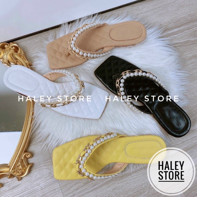 Dép nữ bệt HALEY STORE kẹp xỏ ngón mũi vuông may chỉ chần ô đính ngọc đính xích thời trang phong cách xịn đẹp bền rẻ