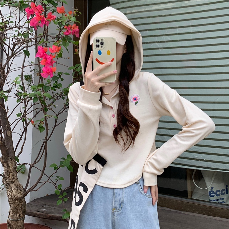 Autumn New Embroidery Flower Slim Irregular Polo Collar Hooded Short Sweatershirt Women