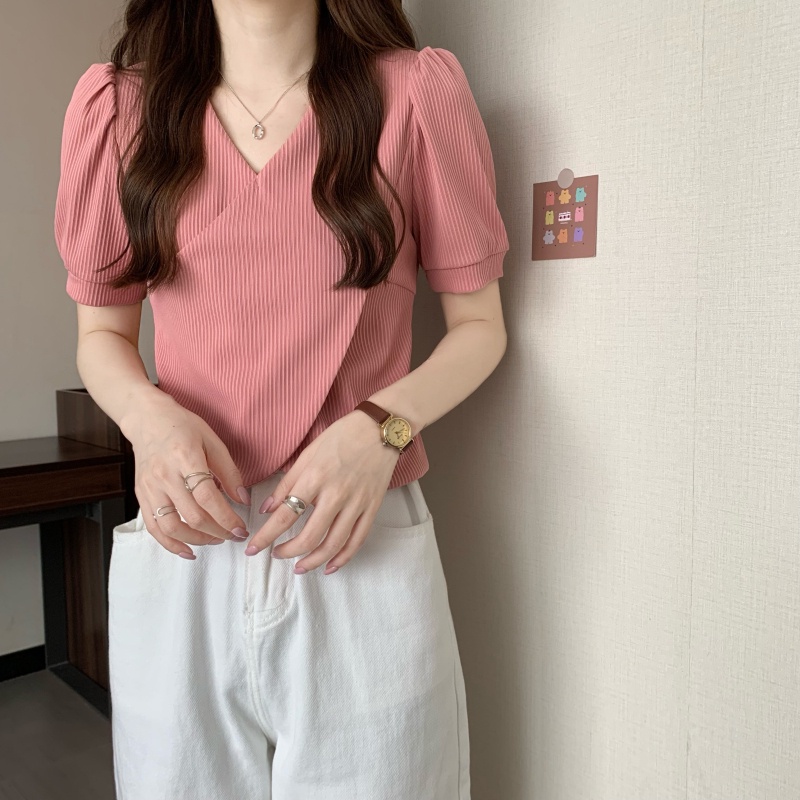 Áo Sơ Mi Tay Ngắn Cổ Chữ V Màu Trơn Thời Trang Cho Nữ