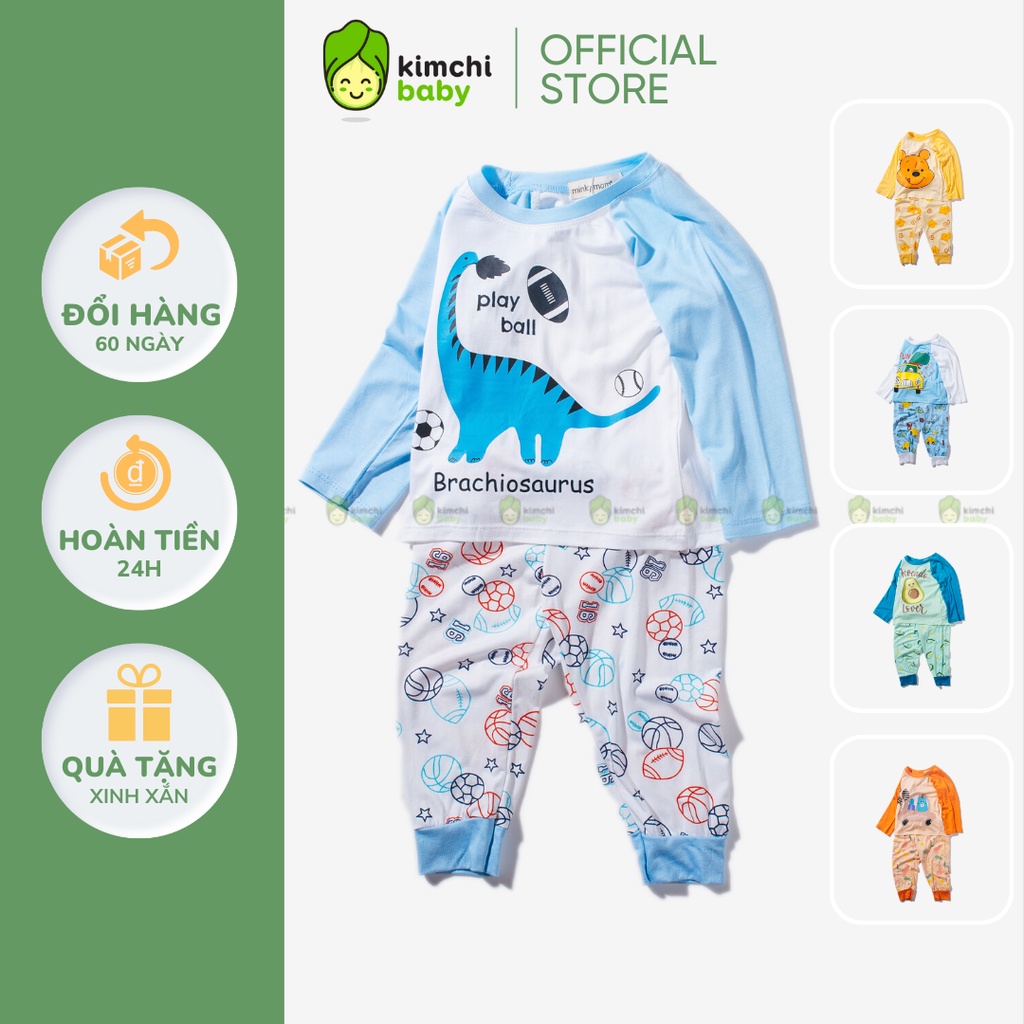 Bộ Dài Tay Cho Bé Trai, Bé Gái Vải Thun Lạnh Minky Mom Hoạ Tiết Gấu Pooh, Đồ Bộ Dài Tay Cho Bé Mặc Nhà MKMTD2201