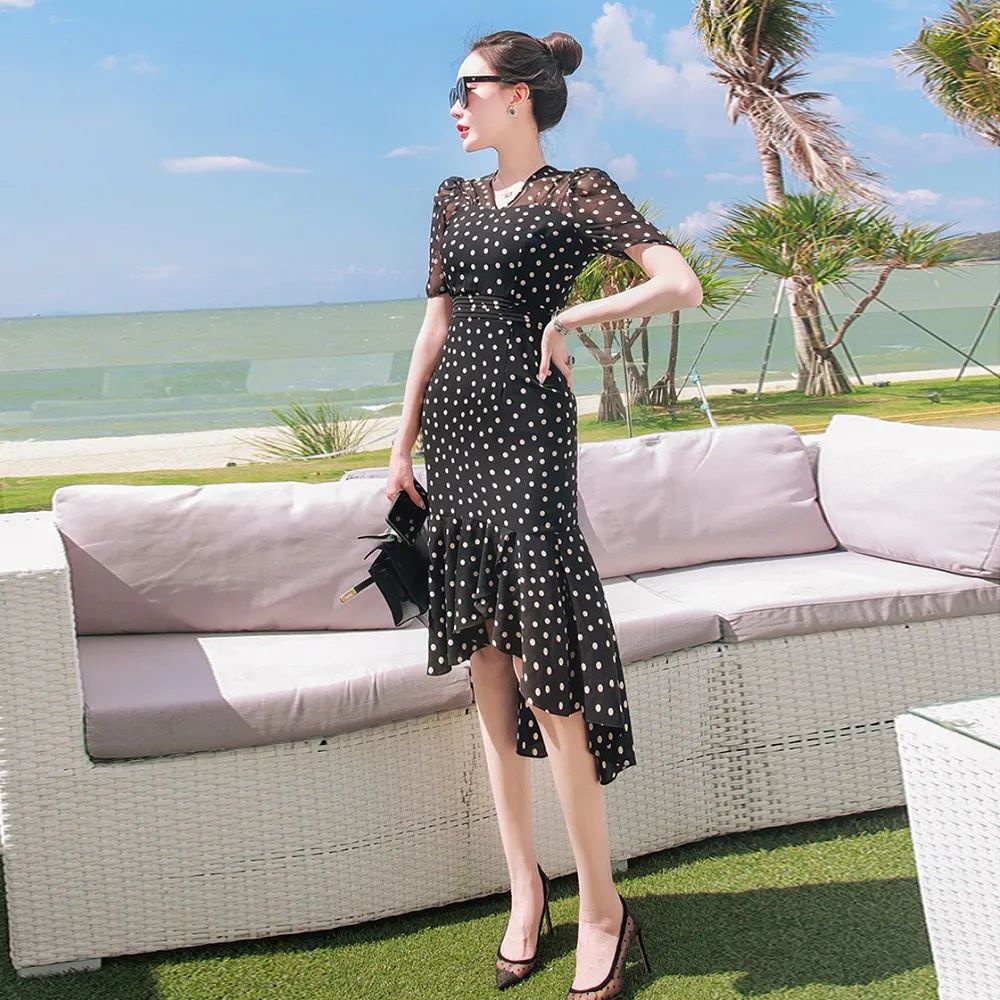 50 chiếc Đầm nữ chấm bi váy chấm bi dài dự tiệc đi chơi sang chảnh vải voan